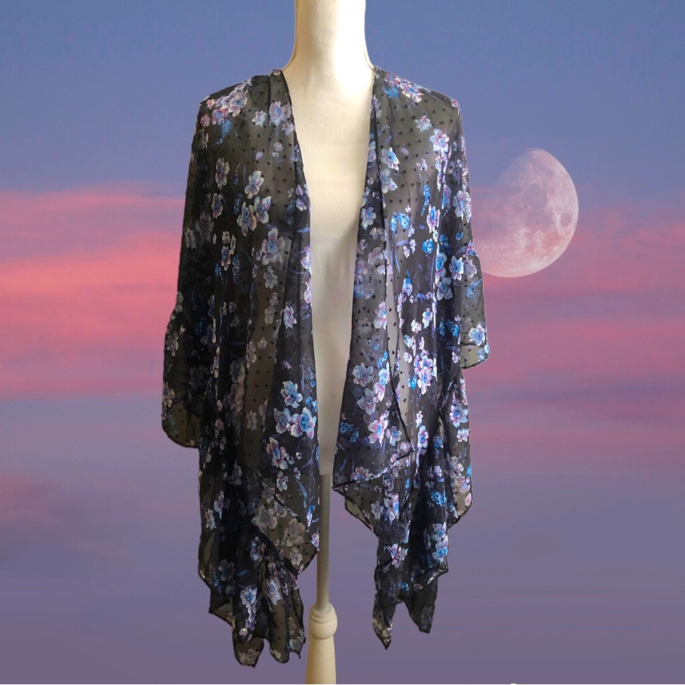 NWOT Mix It One Size Sheer Dark Blue Floral Kimono Robe Cover Up